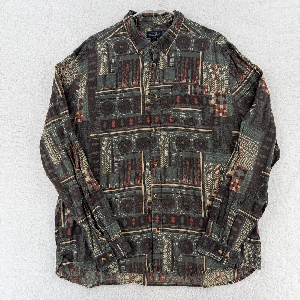 CPO Provisions Shirt Mens XL Green Brown Geometric Long Sleeve Button Up‎ Aztec